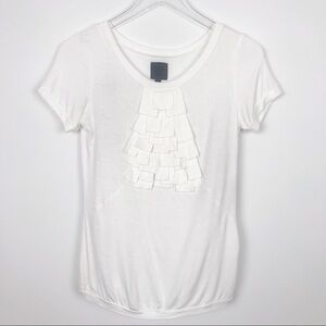 Anna Sui White Short Sleeve Ruffle Front Tee, purple flower, sequins on back